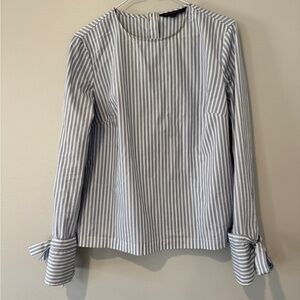 Banana Republic Navy and White Blouse with Bell Sleeves and Tie Front